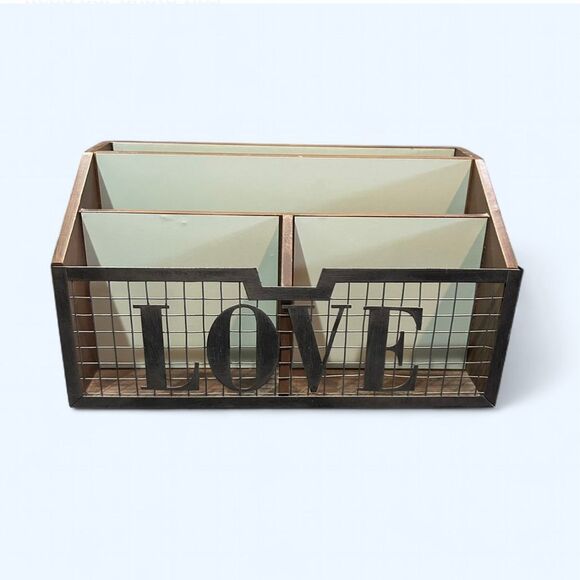 “LOVE” Wood Brown Teal Multiple Compartment Mail Organizer - Picture 1 of 12